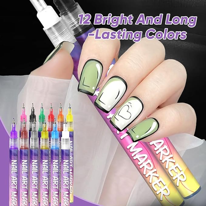 12 Color Nail Art Pens Set, 0.5mm Fine Tip Nail Polish Pen for Precise DIY Nails Art Design at Home, Quick-Dry & Waterproof, Nail Art Painting Pens Kit for Beginners