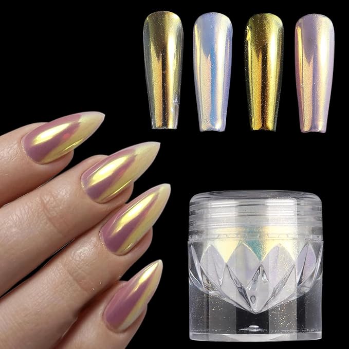 Unicorn Chrome Nail Powder, 1 Box Gold Aurora Powder, Iridescent Chrome Powder Metallic Mirror Effect Pigment, Fairy Powder Mermaid Glitter Dust Shell Pearl Nail Cromer Powder Manicure Dust
