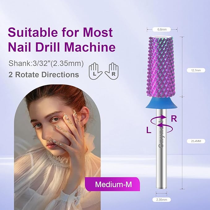Cnynail 3/32" Large Tapered Barrel Flat Bit Tungsten Carbide Nail Drill Bit Safety Bit for Gel & Acrylic Removal, 2- Way Rotating Efile Tip, Salon Electric File Accessory (M Girt, Purple)