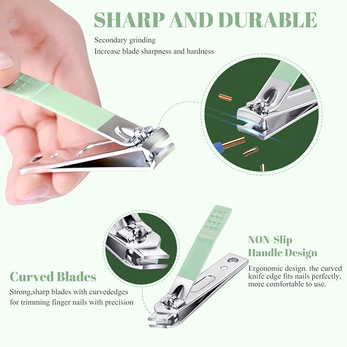 Manicure Set Pedicure Kit Nail Clippers Set Fingernail Clipper Set Ingrown Toenail Nail Kit Scissor Nail Trimmer Kit 18 Pieces Women and Men’s Care Grooming Tools with Fine Case (Tea Green_18 Pieces)