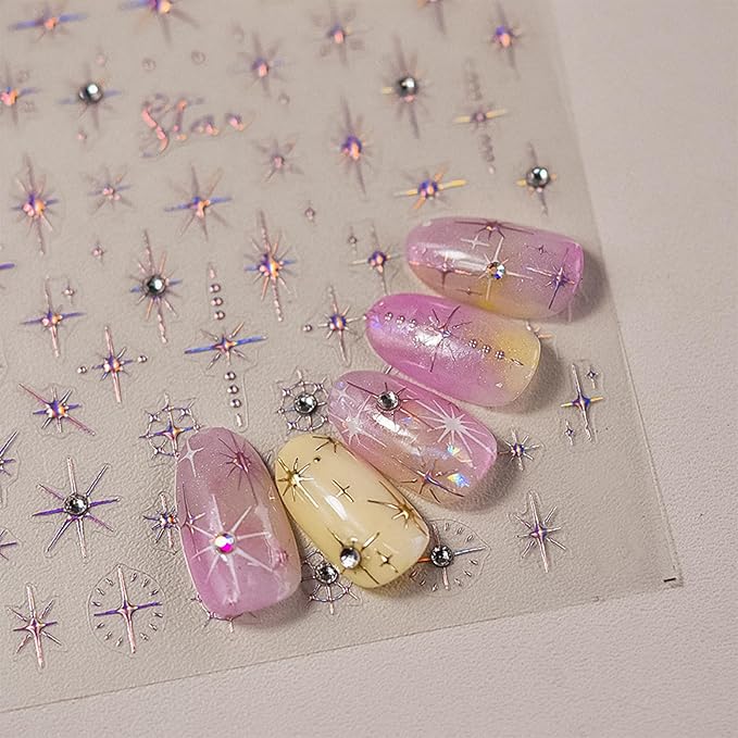 5D Self-Adhesive Glitter Diamond Star Nail Stickers Crystal Nail Art Sticker Silver Pink Sparkle Star Nail Decals with Shiny Rhinestone Luxury Nail Design Supplies for Women DIY Nail Decorations