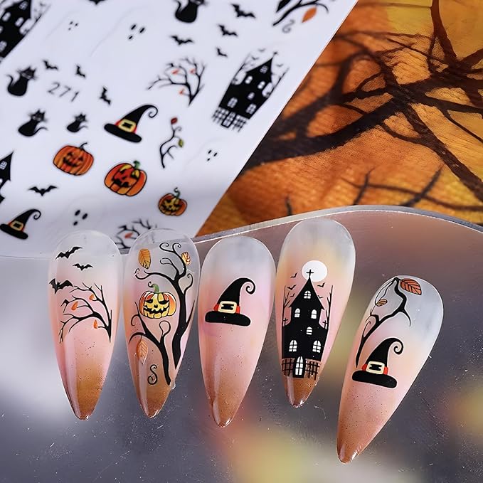 6 Sheets Halloween Nail Art Stickers Flower Nail Stickers 3D Self-Adhesive Ghost Nail Decals with Star Design Pumpkin Bat Nail Supplies Decoration Accessories for Women and Girls