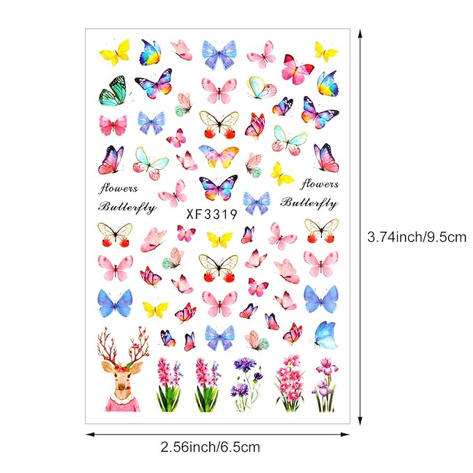 24 Sheets Colorful Butterfly Flower Nail Stickers - Mixed Design Self-Adhesive Nail Decals - Butterfly Manicure Sticker for Women - Nail Decorations (Classic Style)