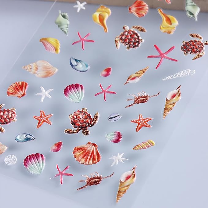 1 Sheets Summer Nail Stickers for Nail Art 5D Embossed Conch Starfish Nail Decals Ocean Beach Nail Art Stickers Self-Adhesive Sea Turtles Seashell Nail Design Decals for Women Acrylic Nails Supplies