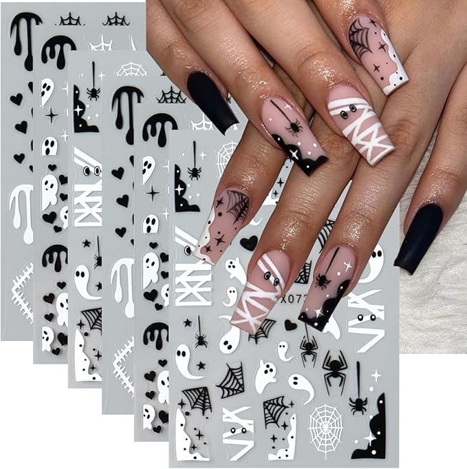 Halloween Nail Art Stickers Decals 3D Ghost Spider Web Nail Stickers 6PCS Cute Ghost Love Heart Spider Web Bandage Eye Ball Halloween Nails Design Adhesive Stickers for Women DIY Nail Art Decorations
