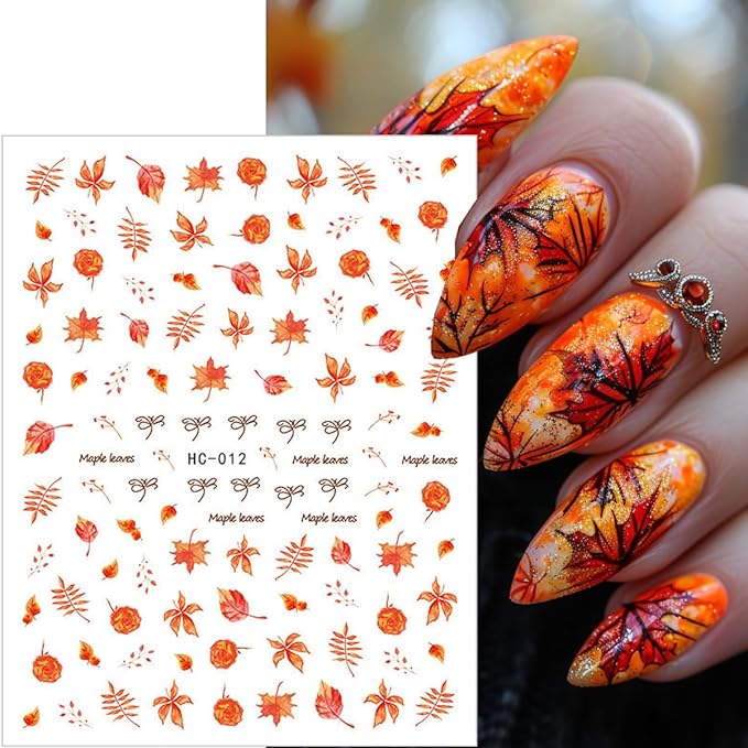 8 PCS Fall Nail Stickers for Nail Art 3D Self Adhesive Autumn Maple Leaf Design Nail Art Decals Thanksgiving Day Salon Accessories Cute Manicure Sticker for Women Holiday DIY Acrylic Nails