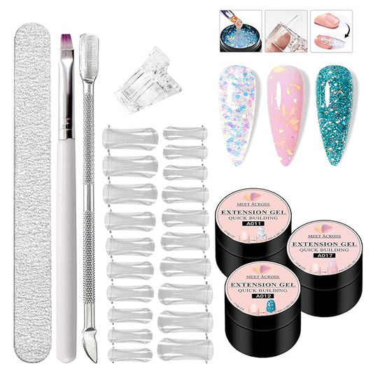MEET ACROSS Poly Nail Gel 8Pcs Nail Extension Gel Set and Nail Extension Starter Kit for Beginners Nail Art DIY Home Gifts for Women (Glitter + Gold Foil, 8pcs)