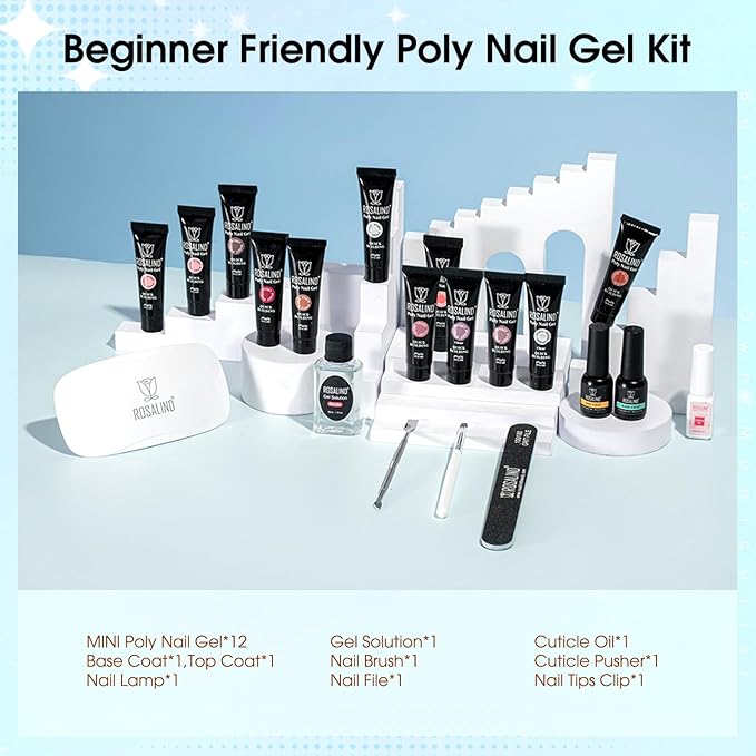 ROSALIND Pink Poly Nail Gel Kit -12 Colors + Nail Art Accessories Kit Poly Nails Gel Starter Kit with Slip Solution All Seasons Classic Colors Nails Extensions Set with Mini UV Lamp