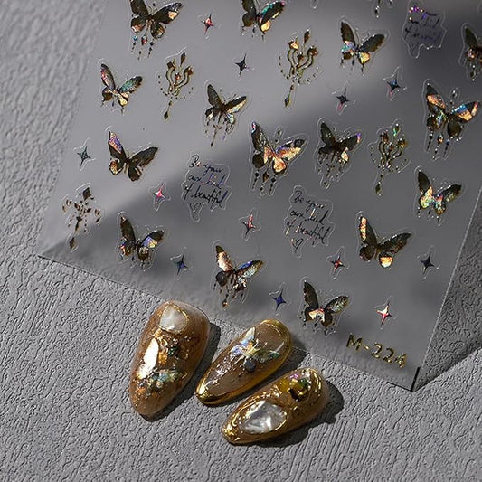 Butterfly Nail Art Stickers and Decals - 5D Embossed Gold Butterflies Star Accessories for Women Girls Spring Summer Decoration - Shiny Art Supplies