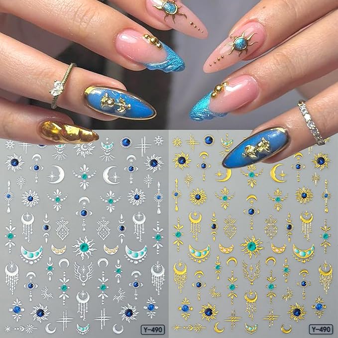2Sheets Gold Silver Star Moon Nail Art Stickers 3D Gold Silver Sun Nail Decals with Blue Green Rhinestone Designs Nail Stickers for Acrylic Nails Self-Adhesive Gem Sun Nail Decal for Women Nails Decor