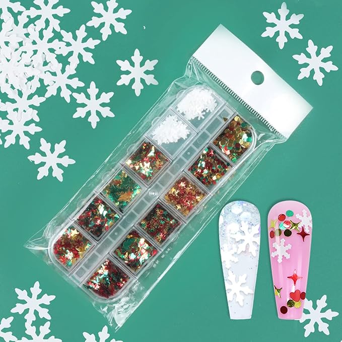 Christmas Nail Art Glitters, Christmas Tree Snowflake Nail Sequins, 3D Mixed Snowflake Tree Heart Star Butterfly Circle Nail Sparkly Flakes Design for Women Manicure Holiday Nail Art Decoration