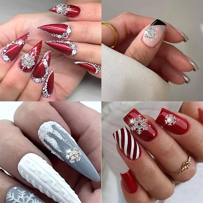 28 Pcs Christmas Nail Art Charms - Gold & Silver Snowflake NailArt Rhinestones & Gems for Acrylic Nails