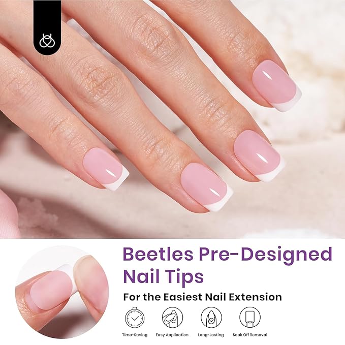 Beetles X Press Plus French Tip Nails - Peach French | Pink Extra Short Square Press On Nails | 15 Sizes 210 Pcs Natural Salon Quality Gel Nail Tips