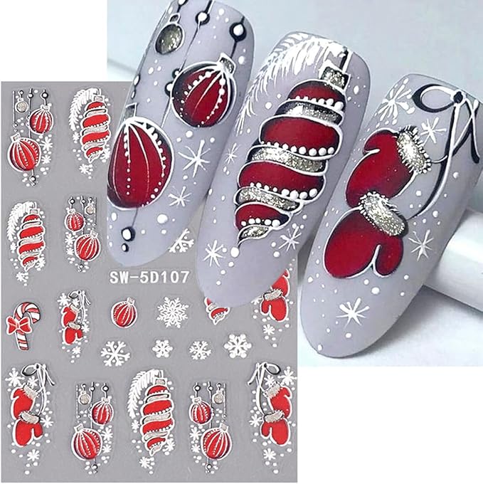 Christmas Nail Art Stickers 5D Embossed Nail Decals Cane Glove Snowflakes Design Lantern Nail Stickers Acrylic Accessories Nail Supplies for Women DIY Christmas Decorations 2 Sheets
