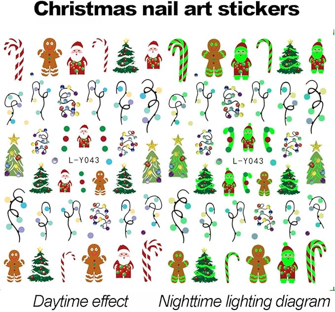 3 Sheets Christmas Nail Art Stickers Santa Claus Nail Decals with Xmas Tree Colored Light Design 3D Self-Adhesive Glowing Nail Stickers Acrylic Nail Supplies for Women DIY Christmas Decorations