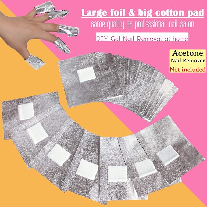 MIILYE Nail Polish Remover Foil Wraps for Acrylic/Dip Powder/UV/Gel/Polish Varnish Soak-off Removal, with Pre-attached Lint Free Pad (300x Nail Gel Polish Remover Wraps)