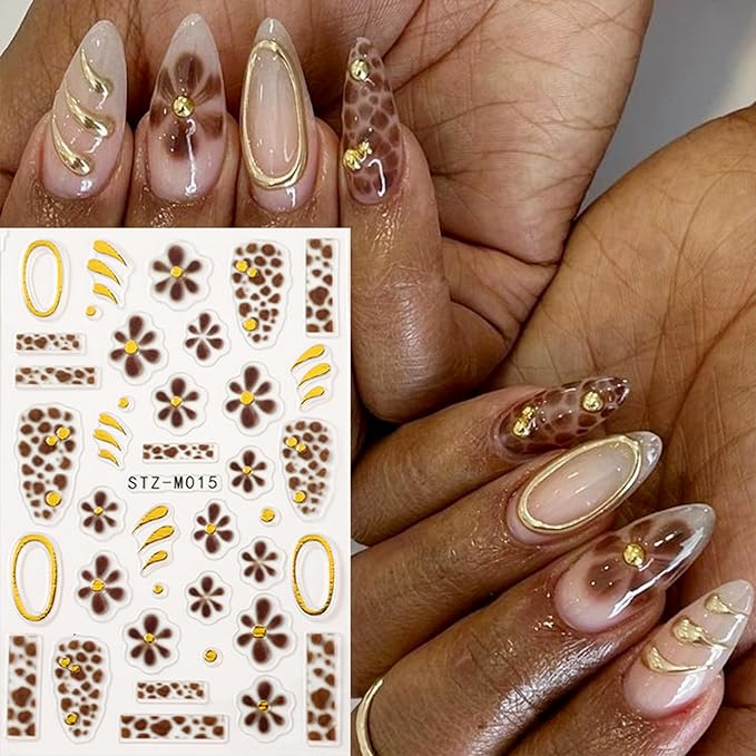 4 Sheets Flower Nail Art Stickers Decals Red Brown Blue Flowers Nail Stickers 3D Embossed Self-Adhesive French Tip Gold Line Nail Decals for Women