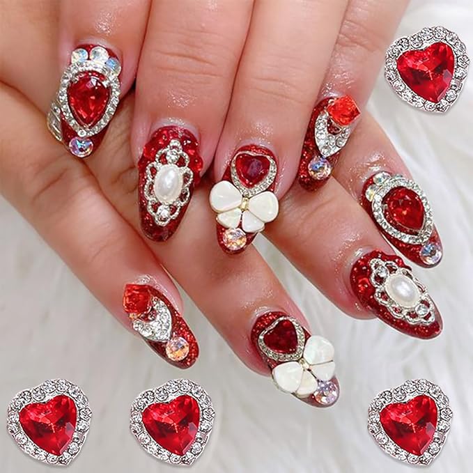 Valentines Gold & Silver Heart Nail Charms - 14 Pcs Luxury Alloy 3D Rhinestones for Crown Nails Art
