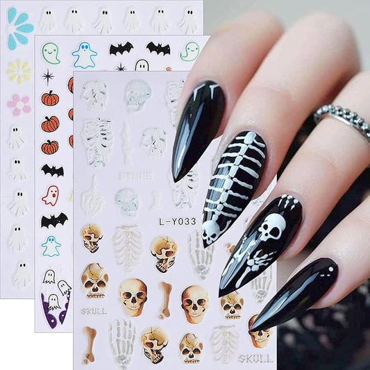 3Sheets Halloween Nail Art Stickers 3D Self-Adhesive Skeleton Hand Bones Nail Decals for Acrylic Nails Cute Ghost Flowers Designs Nail Stickers Pumpkin Bat Nail Decal for Women Nails Decor Supplies