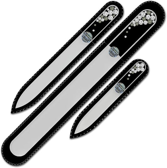 Mont Bleu Set of 3 Glass Nail Files Hand Decorated with Crystals - in Black Velvet Sleeve - Genuine Czech Tempered Glass - Handmade Crystal Nail Files