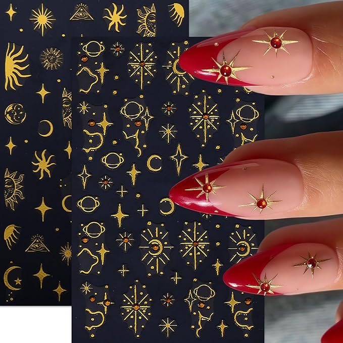 6 Pcs Gold Star Nail Stickers for Nail Art,Self-Adhesive Red Diamond Star Moon Nail Decals Star Moon Sun Pegatinas Uñas Cute Stars Nail Design Stickers Nail Art Supplies for Women Nail Decorations