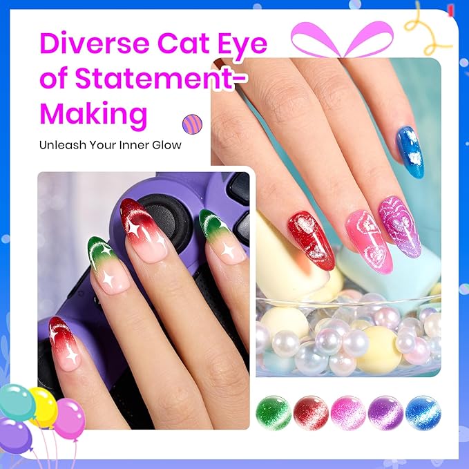 Beetles Cat Eye Gel Nail Polish, 6 Colors Christmas Cat Eye Glitter Gel Polish Set Neon Red Pink Purple Blue Green with Magnet Velvet Gel Kit Soak Off UV French Nail Art Manicure Gift for Women