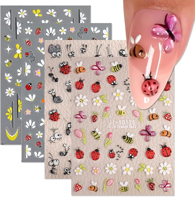 Cute Bee Ladybug Ant Nail Art Stickers, 4 Sheets 5D Embossed Self-Adhesive Nail Decals Flowers Daisy Butterfly Strawberry Nail Designs for Women Girls DIY Manicure Decorations