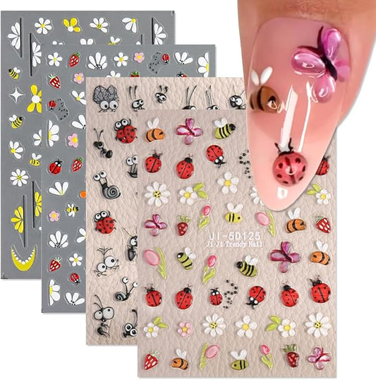 Cute Bee Ladybug Ant Nail Art Stickers, 4 Sheets 5D Embossed Self-Adhesive Nail Decals Flowers Daisy Butterfly Strawberry Nail Designs for Women Girls DIY Manicure Decorations