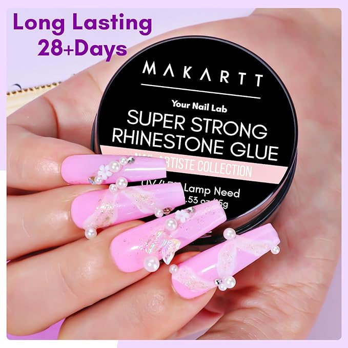 Makartt Rhinestone Glue for Nails, 15ml Clear Nail Gem Adhesive with Brush Kit for 3D DIY Decorations, Super Strong Bling Gel for Jewelry Diamonds