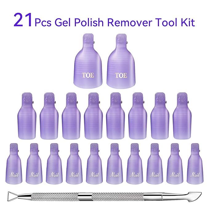 Makartt Nail Clips to Remove Gel Polish, with Double Ended Metal Cuticle Pusher, 20 Pcs Plastic Resuable Finger and Toe Nail Soak Off Clips for Removal Acrylic Art Nail Polish Remover Cap Clip