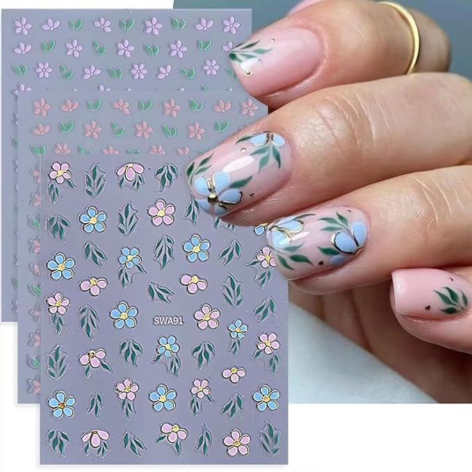 6Sheets Flower Nail Stickers for Nails Spring Floral Nail Decals Purple Pink Flowers Leaves Design Cute Nail Art Stickers Small Daisy Nails Supplies DIY Manicure Decoration Accessories for Girls