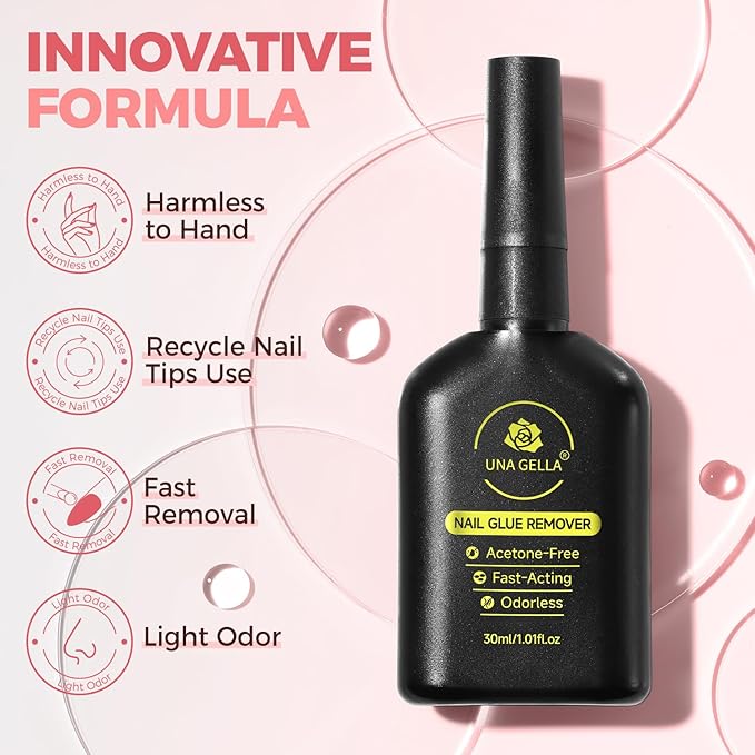 UNA GELLA Inbuilt Crowbar Press On Nail Glue Remover 30ML Acetone-Free Gentle Soak Off Gel Nail Glue Polish Remover for Nail Tip Adhesive Glue Easily Home DIY Not for U V Cured Gel