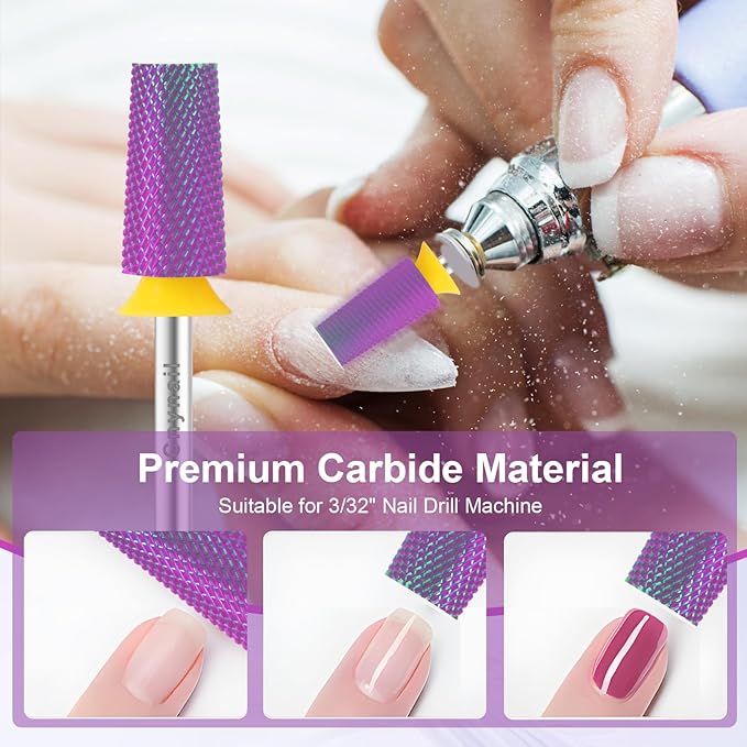 Cnynail 3/32" Large Tapered Barrel Flat Bit Tungsten Carbide Nail Drill Bit Safety Bit for Gel & Acrylic Removal, 2- Way Rotating Efile Tip, Salon Electric File Accessory (XF Girt, Purple)