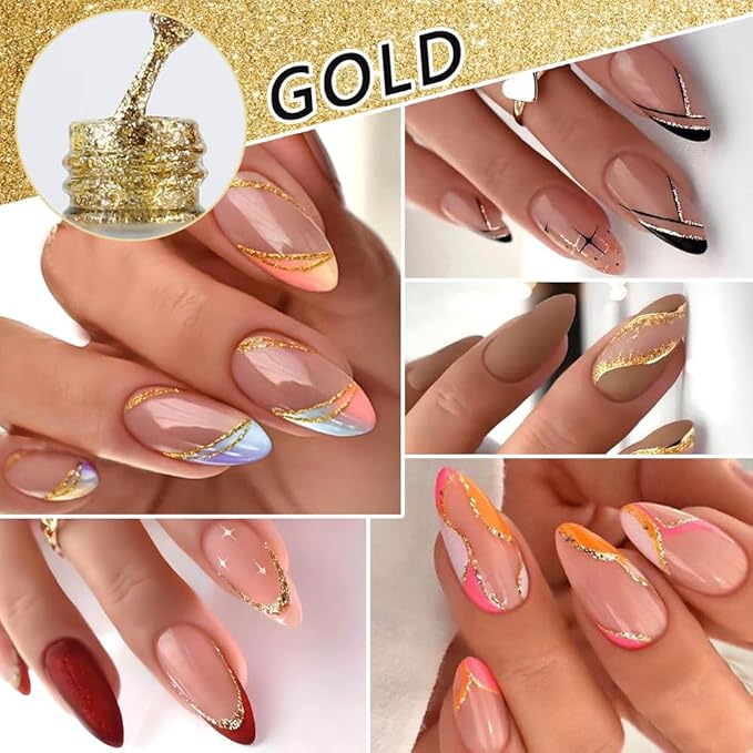 Gel Nail Polish Liner Set 2pcs 8ml Reflective Glitter Silver Gold Gel Nail Polish for Painting Drawing Line Swirl French Nail Design Build in Thin Brush Soak Off UV/LED Manicure Set