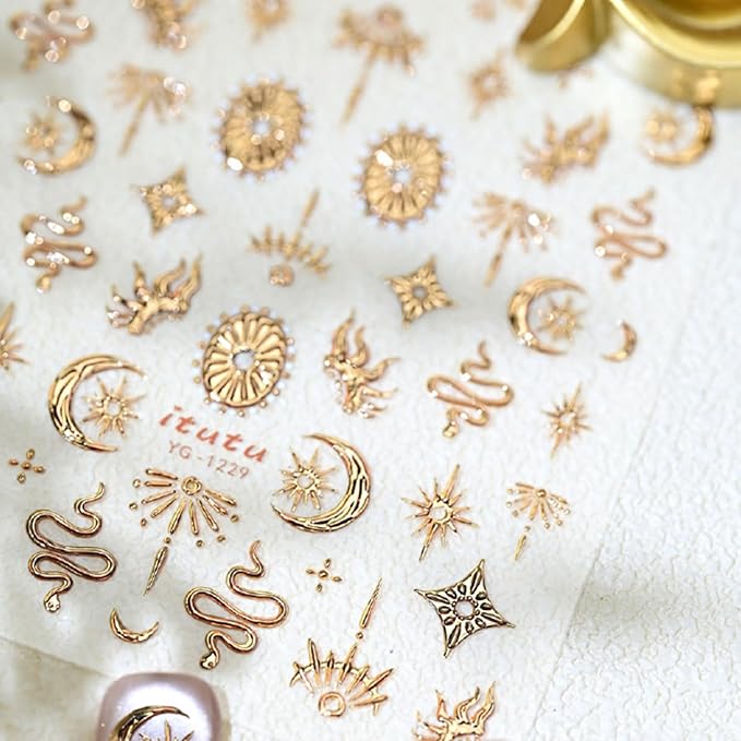 Gold Nail Art Sticker Decals Star Moon Nail Stickers Snake with Design Self Adhesive Nail Decals 5D Embossed with Design Bronzing Manicure DIY Supply Decoration Accessories for Women