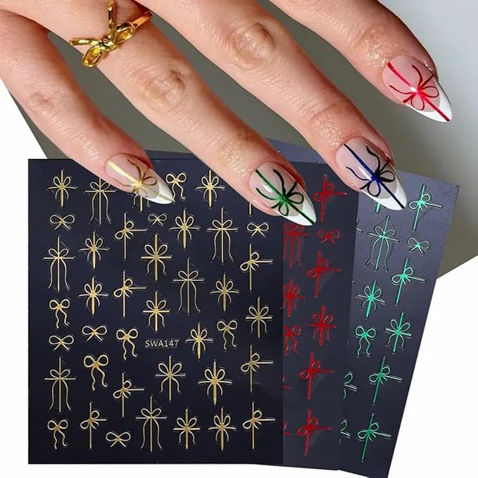 Christmas Nail Art Stickers Decals Christmas Gift Bow Nail Decals 6PCS Golden Green Red Ribbon 3D Self-Adhesive Nail Designs Holiday Nail Stickers Manicure Supply for Women DIY Nail Art Decorations