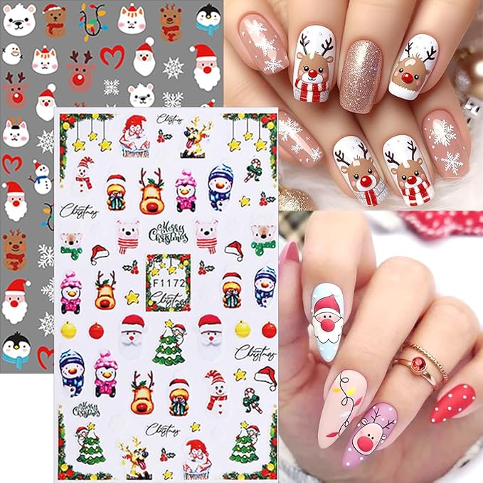 10 Sheets Christmas Nail Art Stickers Decals Cute 3D Self Adhesive Nail Decals Design Snowman Snowflake Deer Santa Claus Penguin Christmas Tree Nail Stickers for Women DIY Manicure Xmas Nail Decor