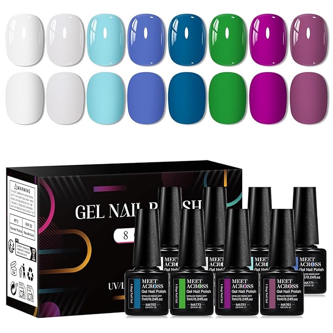 MEET ACROSS 1 Step Gel Polish Set Nail Art Manicure 3 in 1 Gel Kit Soak Off LED Gel Nail Varnishes No Need base gel top coat (Set-4, 8PCS)