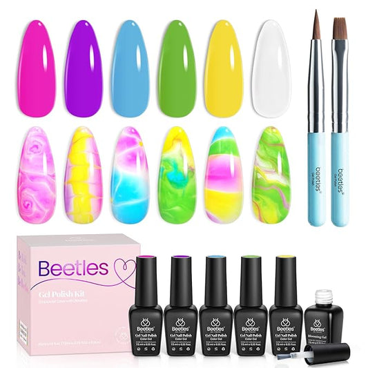 Beetles Christmas Gel Nail Polish with Blooming Gel, 5 Colors Neon Pink Green Blue Purple Yellow Nail Polish Clear Blooming Polish for Spreading Effect with 2 Nail Art Brushes Nail Art Set for Women