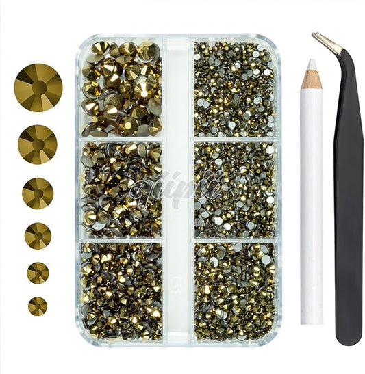 2550pcs Golden Nail Art Flatback Rhinestones for Face Makeup Metallic Golden Nail Gems Gemstones K9 Glass SS4~SS20 6 Sizes Mine Gold Diamonds Stones Crystals w Picking Pen for Nails DIY Crafts
