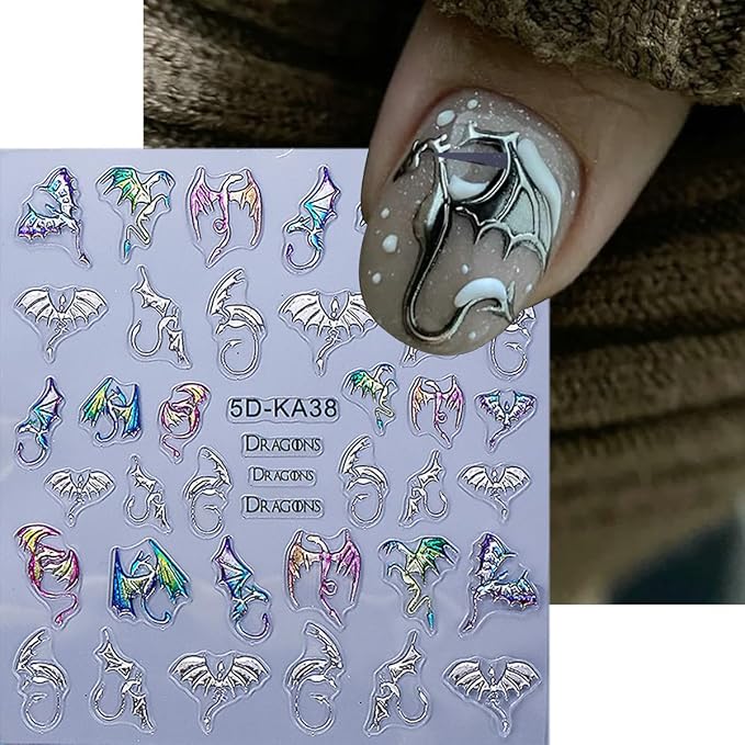2 Sheets Halloween Dragon Nail Stickers 5D Embossed Laser Gold Silver Nail Art Sticker Horror Bat Dragon Self-Adhesive Design Gothic Nail Decals Nail Supplies for Women Acrylic Manicure Decorations