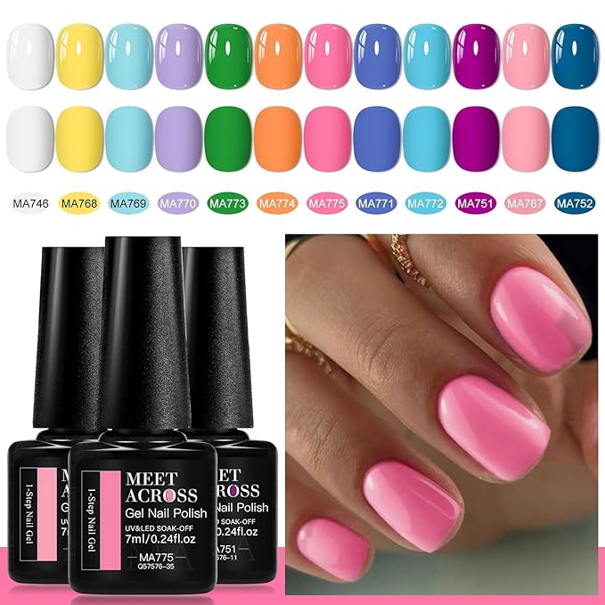 MEET ACROSS 12 Colors One Step Gel Polish, 3-in-1 Base Coat, Nail Color & Top Coat, One Step Gel Nail Polish Set Pink Purple Sky Blue Rainbow Colors Series 7ml