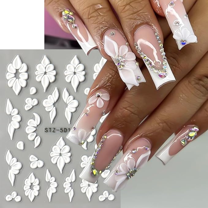 Flower Nail Stickers,9 Sheets 5D Embossed Floral Self-Adhesive Nail Decals,Pink White Blue Elegant Lace Flowers Petals Nail Art Design for Spring Summer Manicure Decor DIY Nail Supplies