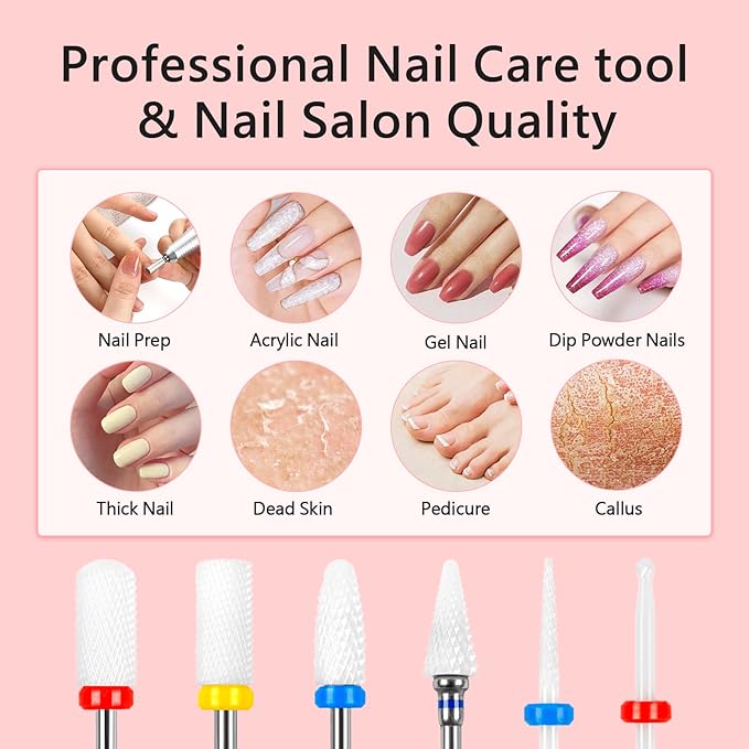 BQAN Nail Drill Bits Set, 6Pcs 3/32 In Drill Bit for Nail Tech Ceramic Bits for Remove Cuticle Acrylic Gel Polish Nail Manicure