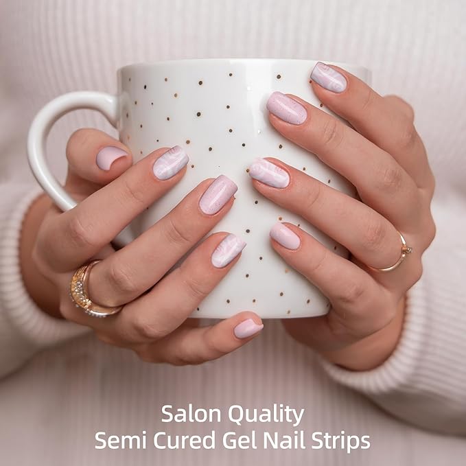 Semi Cured Gel Nail Strips | 28 pcs Gel Nails Strips for Women Work with Any UV Lamp, UV Nail Stickers for Women Home DIY Nails Art(Pink Rose)