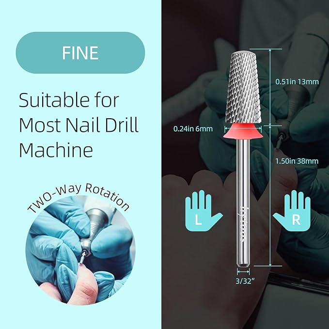 Fine Safety Tapered Nail Drill Bits, Uncoated Smooth Top Barrel Nail Bit, 3/32 Two-way Carbide Drill Bits for Nails, Electric Drills Files Accessories Removal Manicure Soft Gel