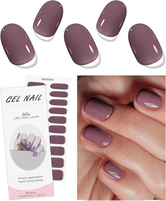 JMEOWIO Gel Nail Stickers Purple Cream Semi Cured Gel Nail Strips Wraps UV/LED Nails Art Design Decoration Accessories