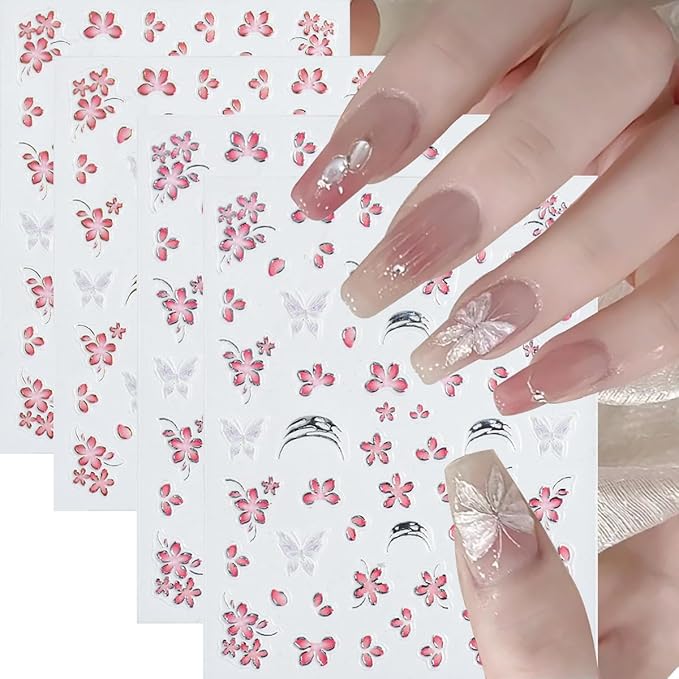 4 Sheets Pink Flower Nail Stickers for Nail Art Cherry Blossom Petals Nail Art Stickers Golden French Tip with Pink Floral Blossom Design Spring Summer Nail Decals Nail Supplies for Acrylic Manicure