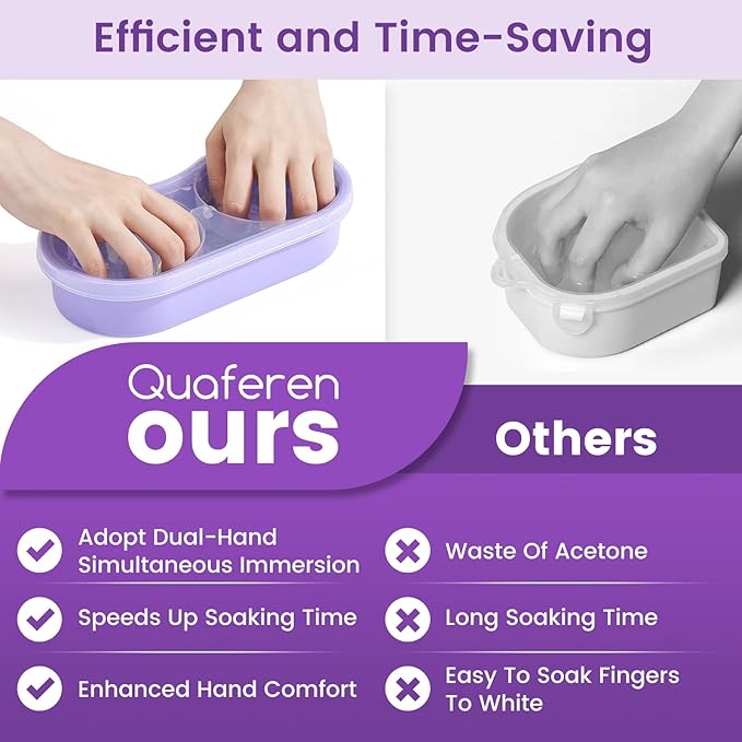 Quaferen Dual Nail Soaking Bowl: 2-in-1 Nail Polish Remover Manicure Bowl with Cuticle Tools for Women, Time-Saving Soak Off Acrylic Nail Removal Kit for Salon Home (Normal Size, Purple)