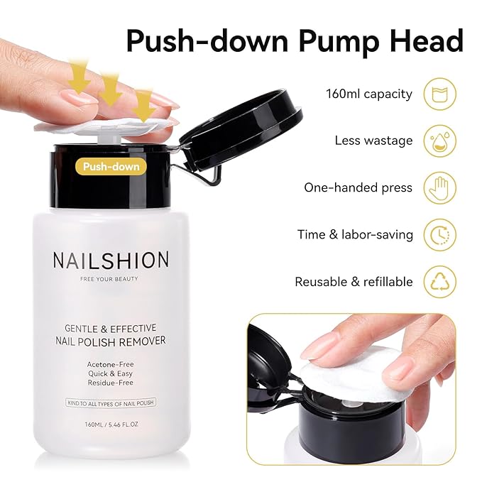 Nail Polish Remover Non-acetone, 5-10s Fast Remover for Regular Nail Polishes, Reusable Push-Down Pump Dispenser, No Toxic Gentle Removal, Rich in VE Non-Drying, 5.46 fl. oz